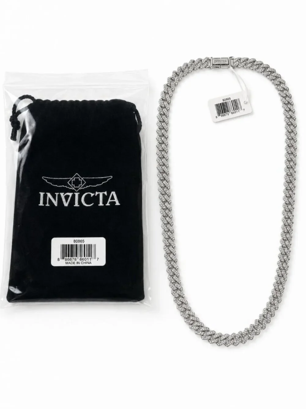 Invicta Elements 80865 Iced Out Cuban Link Necklace Silver 21.65
